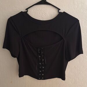 ROMWE Black Cut-Out Tie Front Crop Top